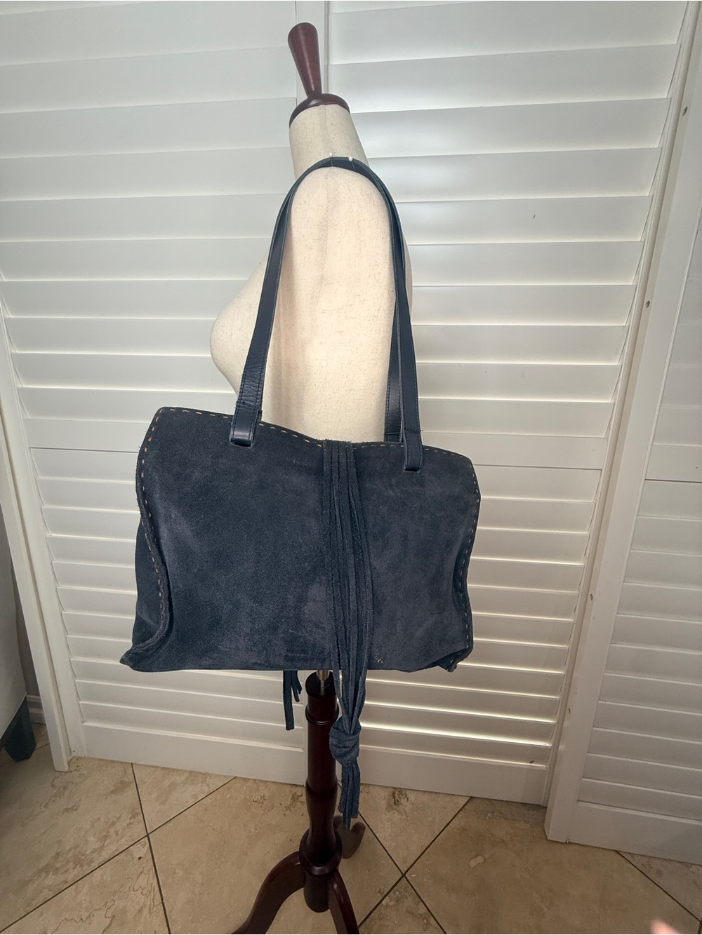 Carla Mancini Blue Suede Shoulder Tote with Fringe Detail